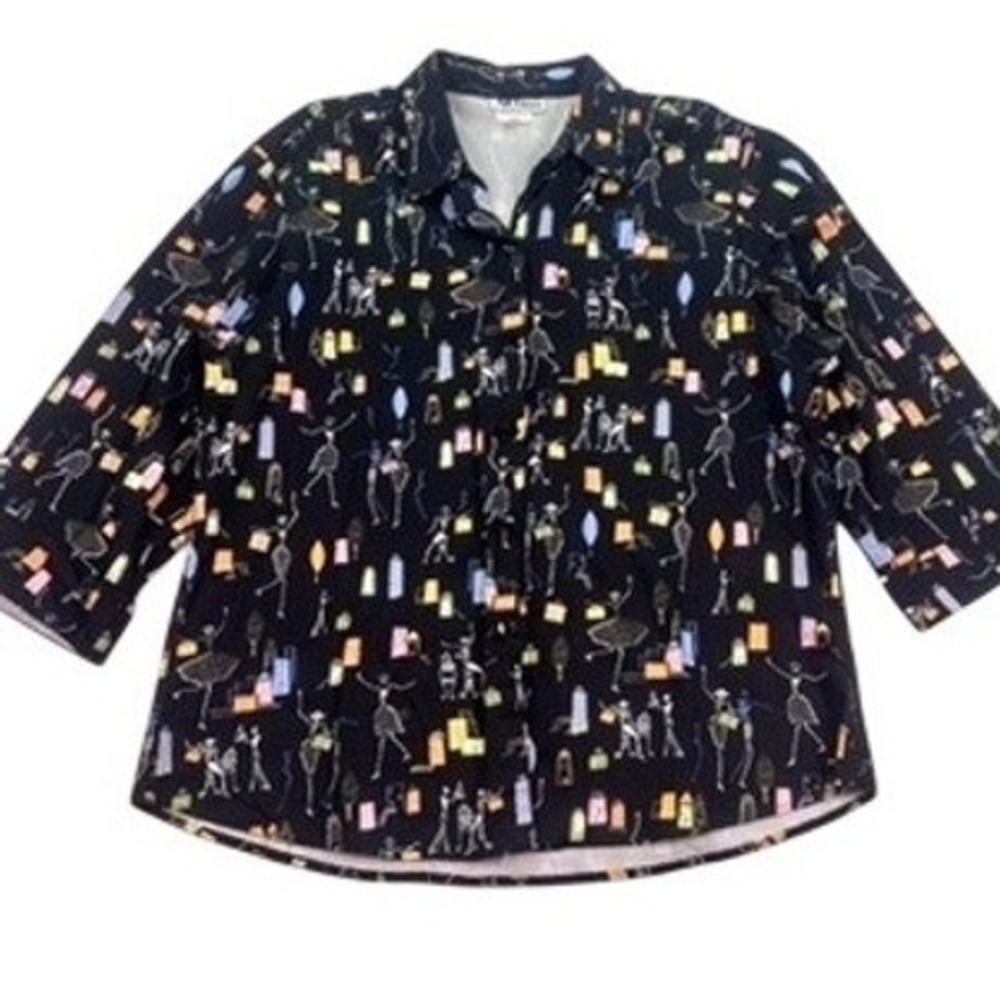 Vintage All Hours Novelty Print Button Front Top Made USA Large
